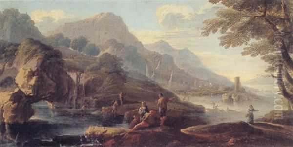 A Rocky Coast With Figures, A Harbor Beyond - view 1