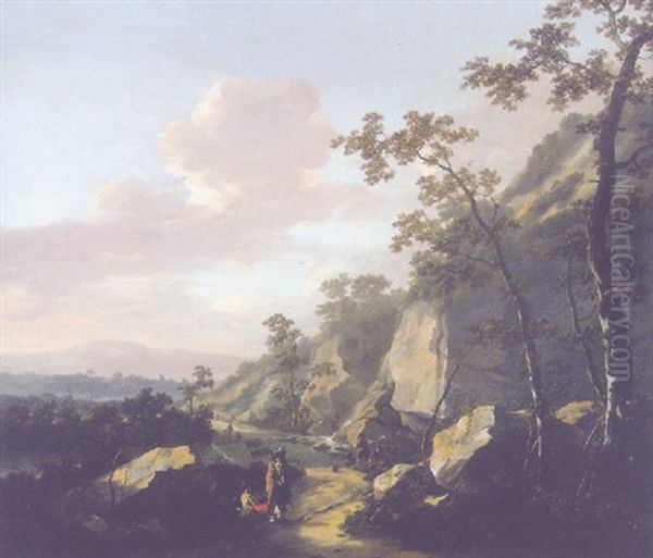A Rocky Landscape With Travelers On A Path, Fisherman By A Waterfall Beyond - view 1
