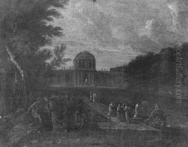 Personnages Se Promenant Le Long D'un Basin Devant Un Palais Antique - view 1