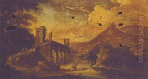 A Mountainous River Landscape With A Traveller And Donkey Crossing An Aqueduct, A Moored Boat And Ferry Beyond by Jacob De Heusch