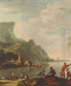 A Coastal Landscape With Fishermen On The Shore, A Jetty Beyond