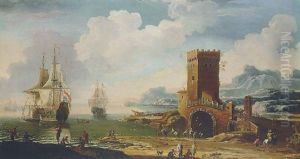 A Mediterranean Harbour With A Dutch Squadron Off The Coast And Fisherfolk On The Shore By A Tower