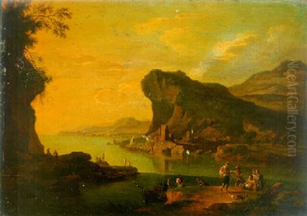 A Mediterranean Coastal Landscape With Anglers On A River Bank And Shepherds On A Road Beyond, At Sunset - view 1