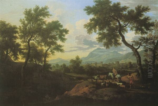 A Wooded Landscape With A Herdmsman And Cattle On A Country Road - view 1