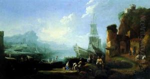 A Mediterranean Harbour With Sailors On A Quai Unloading Cargo