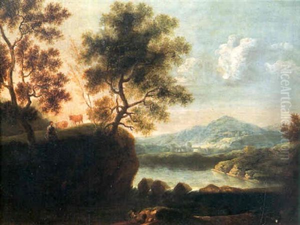 Bergere Et Ses Troupeaux Dans Un Paysage Valonne - view 1