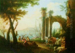 Coastal Landscape With Figures Beside Ruins by Jacob De Heusch