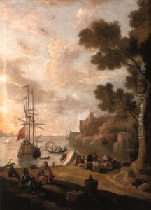A Mediterranean Coastline With Travellers On The Shore And A Man-o'-war by Jacob De Heusch