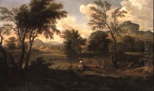 A Classical River Landscape With Travellers On A Path by Jacob De Heusch