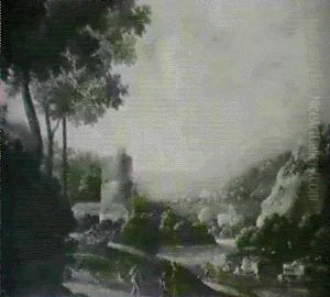 An Extensive River Landscape With Figures On A Path Before Afortress
