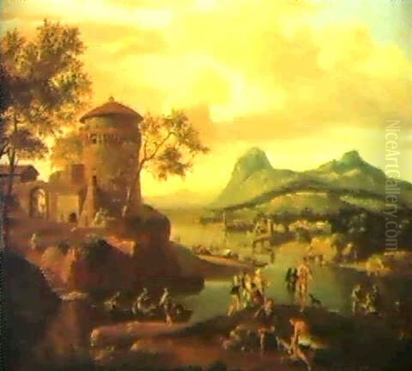Southern Landscape With Figures Beside A Tower Overlooking A River - view 1