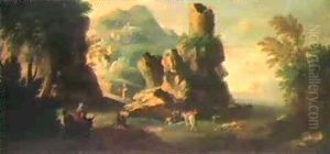 Paesaggio Collinare Con Figurein Riposo E Conducenti De Bes-tiame; Insenatura Marina Con Scaricatori Di Barche E... by Jacob De Heusch