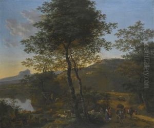 Italianate Wooded River Landscape With Travellers And Their Mules On A Path, A Shepherd And His Flock, And A Mountain Beyond