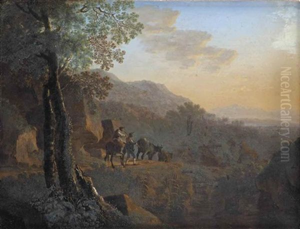 An Italianate Rocky Landscape With Herdsmen Driving Cows On A Path - view 1