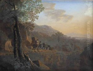 An Italianate Rocky Landscape With Herdsmen Driving Cows On A Path thumbnail