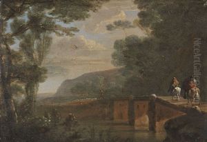 Kleine Flusslandschaft Mit Reitern Und Schafhirte Auf Einer Brucke by Willem de Heusch