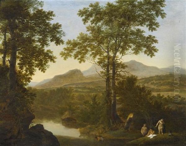 Italienische Landschaft Mit Hohen Baumen An Einem Fluss Und Badenden Nymphen - view 1