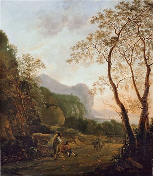 Sudliche Landschaft Mit Wanderern Und Pferdefuhrwerk - view 1
