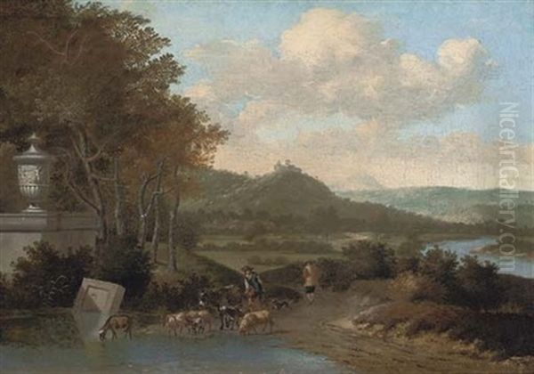 A Wooded River Landscape With Shepherds And Their Flock - view 1