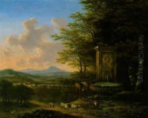 Italienische Landschaft Mit Hirt Und Herde An Einem Steinernem Brunnen