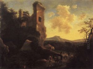 An Italianate Landscape With A Traveller, A Mule, A Shepherd And Farm Animals On A Track Beside A Classical Ruin by Willem de Heusch