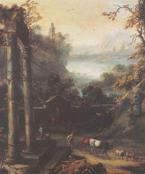 Scene Pastorale Devant Les Ruines D'un Temple Antique - view 1