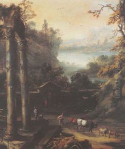 Scene Pastorale Devant Les Ruines D'un Temple Antique