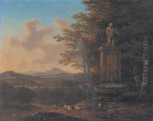An Extensive Landscape With A Shepard And His Flock At A Fountain