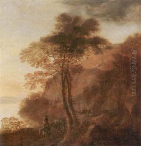 A Southern Landscape With Drovers And Their Mules On A Path Beside A Lake, A House On The Hill-top Beyond