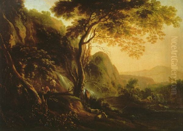 An Italianate Landscape With Shepherds And Their Livestock Resting Near A Waterfall, Mountains Beyond - view 1