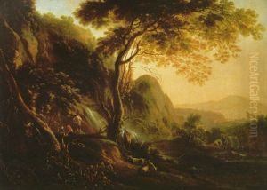 An Italianate Landscape With Shepherds And Their Livestock Resting Near A Waterfall, Mountains Beyond by Willem de Heusch