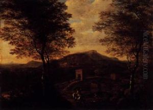 An Italianate Landscape With Travellers Neat The Ponte Luciano And The Grave Of The Pauti by Willem de Heusch
