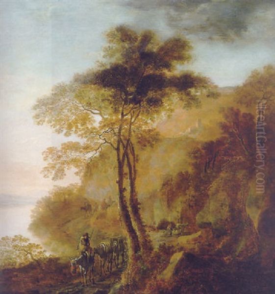 Muleteers On A Track By A River, In An Italianate Landscape, At Dawn - view 1