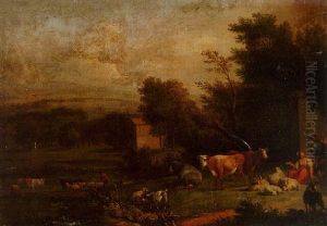 An Italianate River Landscape With Drovers Tending Cattle And Sheep, A Farmstead And Mountains Beyond