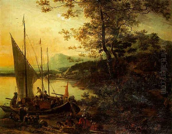 An Italianate Coastal Landscape With Cargo Being Unloaded From A Moored Sailing Vessel At Sunset - view 1