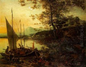 An Italianate Coastal Landscape With Cargo Being Unloaded From A Moored Sailing Vessel At Sunset