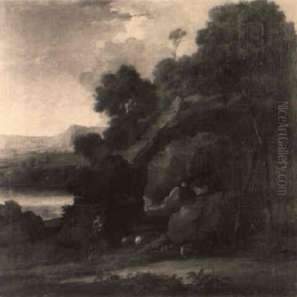 A Rocky Wooded Landscape With A Shepherd Piping By A Pool - view 1