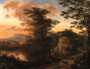 Sudliche Bewaldete Fluslandschaft Mit Reitern by Willem de Heusch