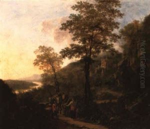 A Mountainous River Landscape With Travellers And Packmules On A Path by Willem de Heusch