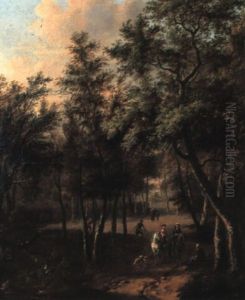 Hunting Party In A Wooded Landscape by Willem de Heusch