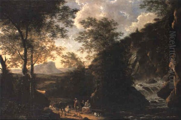 Italianate Landscape With Peasants On A Path By A Waterfall - view 1
