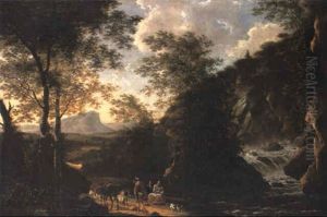 Italianate Landscape With Peasants On A Path By A Waterfall
