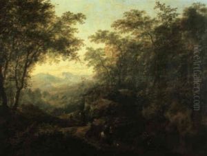 An Extensive Rocky, Wooded Landscape With Riders On A Path  With Hounds Approaching A Beggar by Willem de Heusch