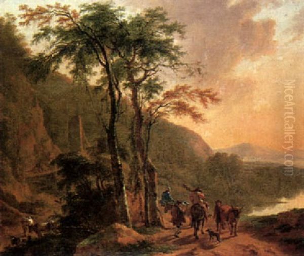 Travellers Passing A Drover On A Path Above A Lake - view 1
