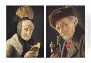 A Lady Wearing An Elaborate Headdress; And A Man Smoking A Pipe (pair) by Carl Heuser