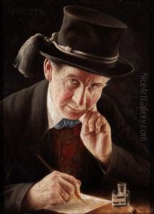 Portrait Of A Gentleman Writing A Letter (+ Portrait Of A Lady In A Bonnet; Pair) by Carl Heuser
