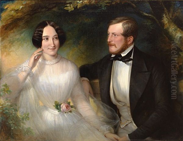 Portrait Und Brautbild Von Eugen Und Francisca Kraetzer-roeder. Das Brautpaar Auf Einer Bank Im Park - view 1