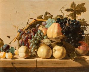 Still Life With Grapes And Pears In A Basket, With Peaches, Apricots, Plum And Pomegranate With Insects On A Stone Slab by Nicolaes (Claes) Heussen