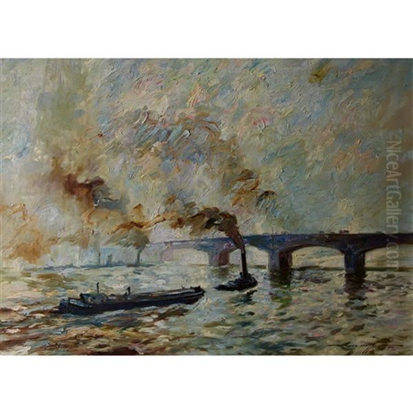 Dampfer Und Frachtschiff Vor Einer Flussbrucke - view 1