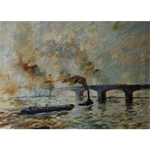 Dampfer Und Frachtschiff Vor Einer Flussbrucke Dampfer Und Frachtschiff Vor Einer Flussbrucke